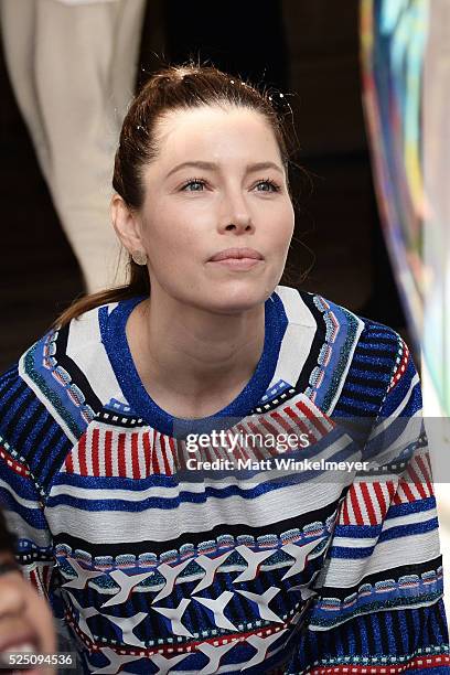 Actress Jessica Biel interacts with guests during the Baby2Baby Mother's Day Party presented by Tiny Prints at AU FUDGE on April 27, 2016 in West...