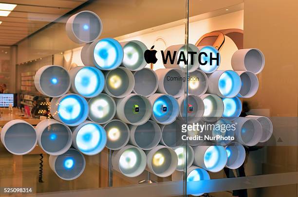 Different models of the Apple Watch are displayed in the Apple Store in Melbourne, Australia on April 12, 2015. Apple on April 10 held in-store...