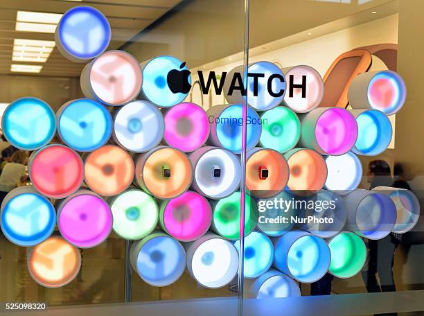 Different models of the Apple Watch are displayed in the Apple Store in Melbourne, Australia on April 12, 2015. Apple on April 10 held in-store...