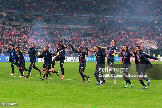 The Paris Saint-Germain players are celebrating the victory of the Coupe de la Ligue Final game between Paris Saint-Germain and Losc at Stade de...