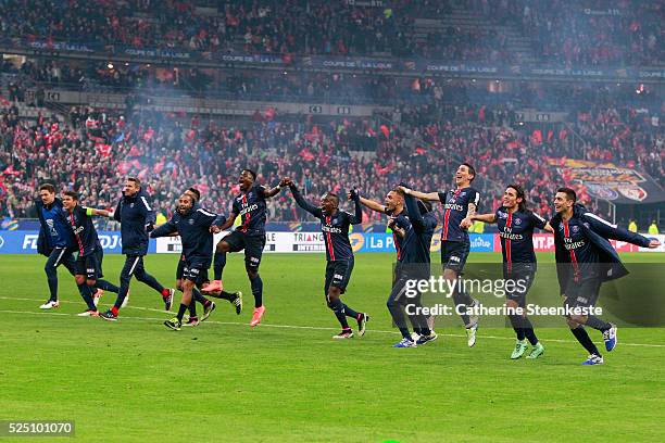 The Paris Saint-Germain players are celebrating the victory of the Coupe de la Ligue Final game between Paris Saint-Germain and Losc at Stade de...