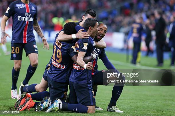 Angel Di Maria celebrates his goal with Lucas Moura, Serge Aurier and Javier Pastore of Paris Saint-Germain during the Coupe de la Ligue Final game...