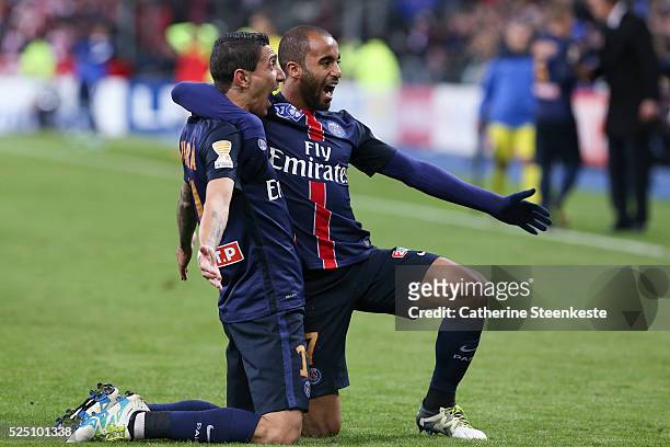 Angel Di Maria celebrates his goal with Lucas Moura of Paris Saint-Germain during the Coupe de la Ligue Final game between Paris Saint-Germain and...