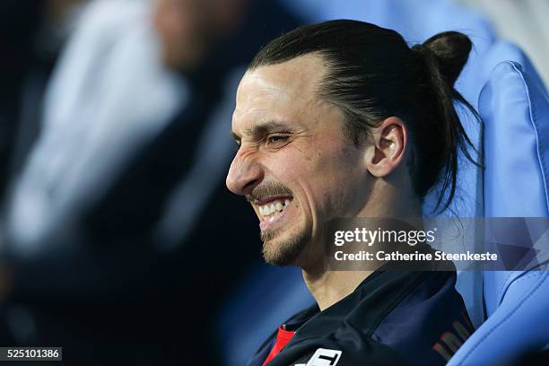 Zlatan Ibrahimovic of Paris Saint-Germain sits on the bench after the victory of the Coupe de la Ligue Final game between Paris Saint-Germain and...