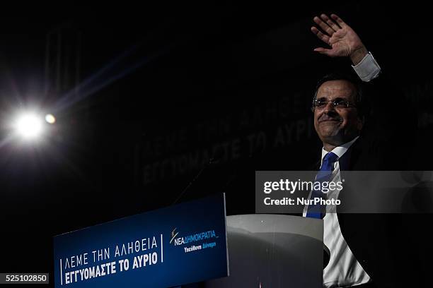 Greek PM, Antonis Samaras, gives his main pre-election speech in Taekwondo stadium in Athens on January 23, 2015.