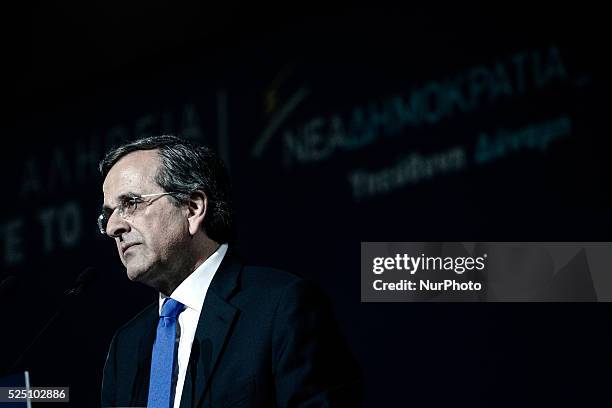 Greek PM, Antonis Samaras, gives his main pre-election speech in Taekwondo stadium in Athens on January 23, 2015. Samaras warns Greeks must shut...