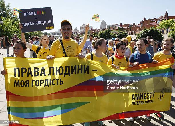 Participants during the Gay pride parade in Kiev, Ukraine, 06 June 2015. Representatives of LGBT organizations and their supporters took part in the...
