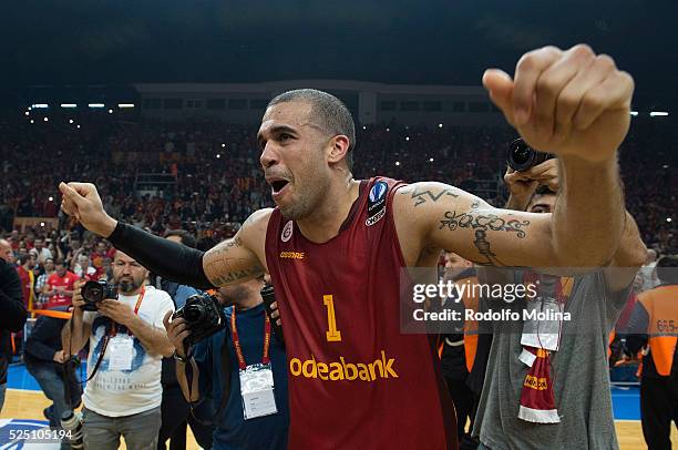 Blake Schilb, #1 of Galatasaray Odeabank Istanbul celebrates after the EuroCup Basketball Finals Game 2 between Galatasaray Odeabank Istanbul v...