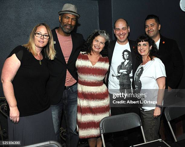 Actors Carrie Henn, Ricco Ross and Jenette Goldstein pose with director of Publishing & collectibles Josh Izzo and his team at 20th Century Fox after...