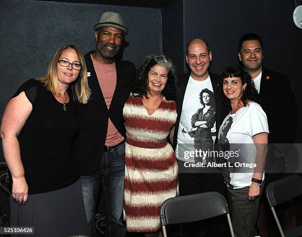 Actors Carrie Henn, Ricco Ross and Jenette Goldstein pose with director of Publishing & collectibles Josh Izzo and his team at 20th Century Fox after...