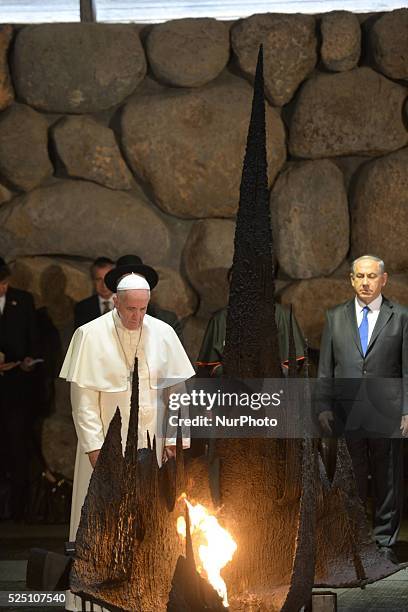 Pope Francis' visit to the Yad Vashem Holocaust Museum in Jerusalem, with President Shimon Peres and Prime Ministrer Benjamin Netanyahu. Photo: Amos...