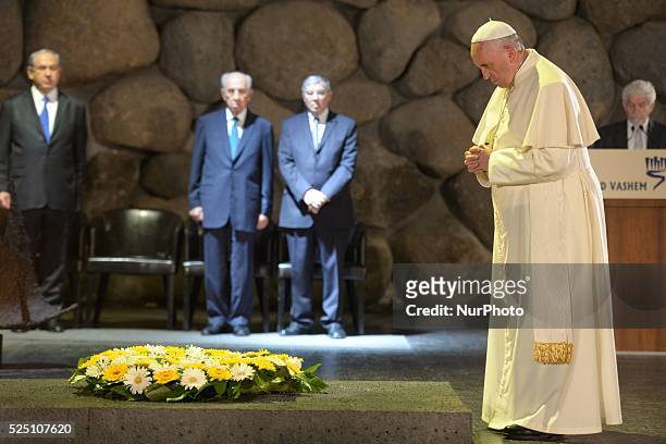 Pope Francis' visit to the Yad Vashem Holocaust Museum in Jerusalem, with President Shimon Peres and Prime Ministrer Benjamin Netanyahu. Photo: Amos...