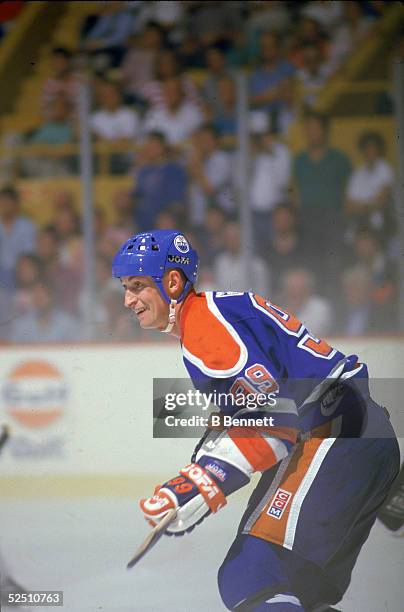 Canadian professional hockey player Wayne Gretzky of the Edmonton Oilers skates on the ice during game four of the Stanley Cup Championship finals...