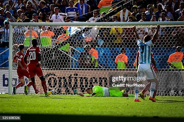 Angel Di Maria scores for Argentina in the extra Time of the match, for the Round of 16 of the 2014 World Cup, between Argentina and Switzerland,...