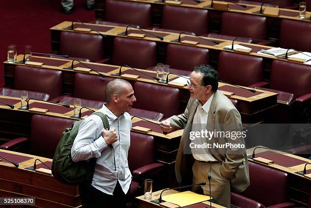 Panagiotis Lafazanis Minister of Productive Reconstruction, Environment and Energy with former Finance Minister Yanis Varoufakis at Parliament before...