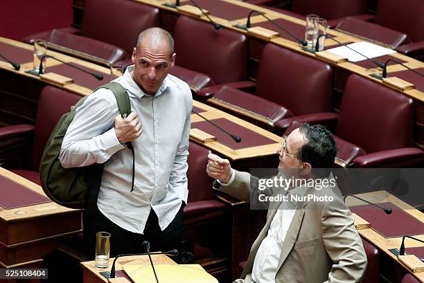 Panagiotis Lafazanis Minister of Productive Reconstruction, Environment and Energy with former Finance Minister Yanis Varoufakis at Parliament before...