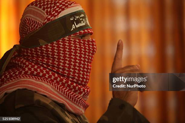 Abu Obeida, the official spokesperson of the Palestinian militant group Ezzedine al-Qassam brigade, the armed wing of Hamas, give a press conference...