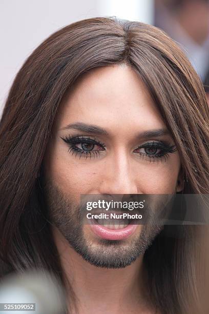 Winner of 2014 Eurovision Song Contest Australian Conchita Wurst attends a meeting as honored guest of Madrid Shangay Pride to receive &quot;Premio...