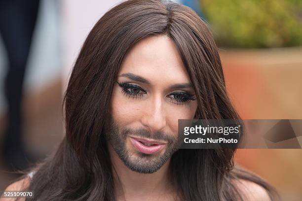 Winner of 2014 Eurovision Song Contest Australian Conchita Wurst attends a meeting as honored guest of Madrid Shangay Pride to receive &quot;Premio...