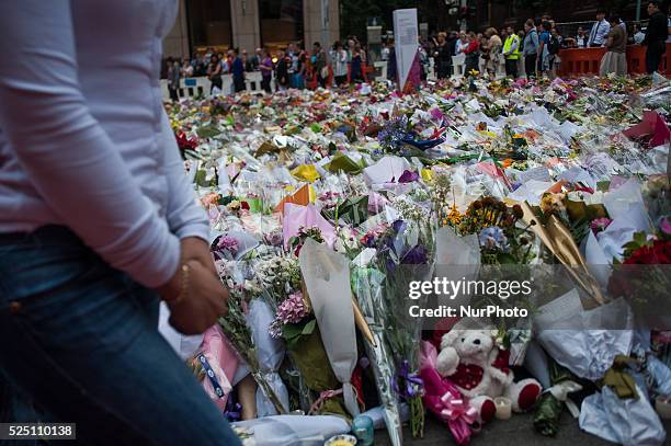 Sydney 17 December 2014 A sea of flowers at a makeshift memorial near the scene of a fatal siege in the heart of Sydney's financial district where...