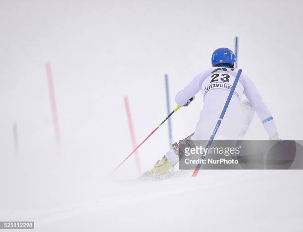 Sweden's Anton Lahdenperae, races down the course during the men's Slalom on the third day of the famous Hahnenkamm, at the FIS SKI World Cup in...