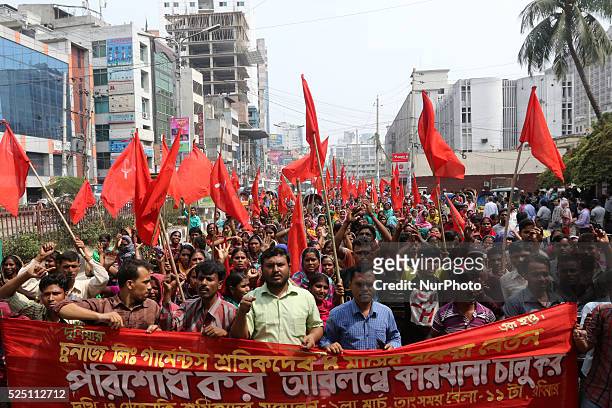 Hundreds of garment workers protested in front of national press club demanding four months of unpaid salaries, in Dhaka on 01 march 2015.Photo by...