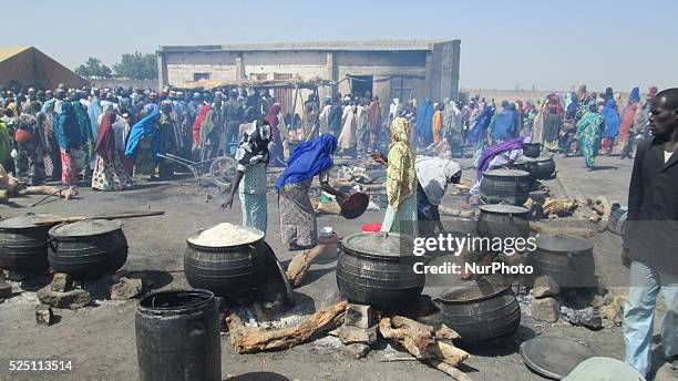 Women waiting for lunch during Governor Kashim Shetima visit's to Internally Displaced People's camp in DIkwa Local Government area of Borno State on...