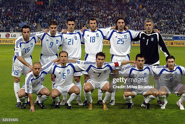 The Greek national football team pose together before their 2006 World Cup qualification football match against Albania on March 30, 2005 at Giorgos...