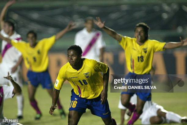 Ecuador's Antonio Valencia celebrates the goal against Peru during their FIFA World Cup Germany 2006 South American qualifying match, in Lima 30...