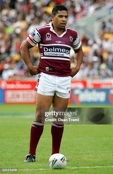 John Hopoate of the Sea Eagles looks on during the round one NRL match between the Warriors and the Manly Sea Eagles at Ericsson Stadium March 13,...