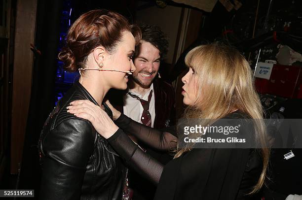 Sierra Boggess, Alex Brightman and Stevie Nicks chat backstage as Stevie Nicks performs with the kid band at the hit musical based on the film...