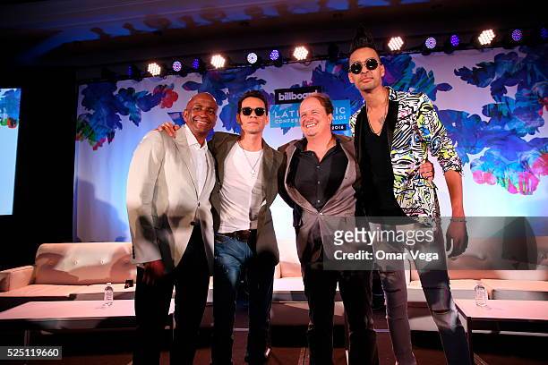 Sergio George, Marc Anthony, Sergio Reyes Copello and Motiff pose for photos during a conference as part of Billboard Latin Music Awards 2016 on...