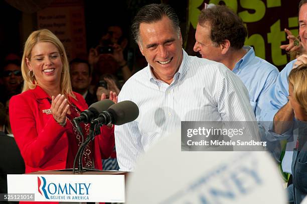 August 13, 2012 PAM BONDI, MITT ROMNEY. Mitt Romney Campaigns in South Florida On His Bus Tour For A Stronger Middle Class IN The Cuban Area Of South...