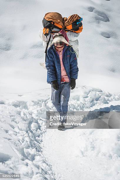sherpa porter carrying expedition gear over snowy glacier himalayas nepal - porter stock pictures, royalty-free photos & images