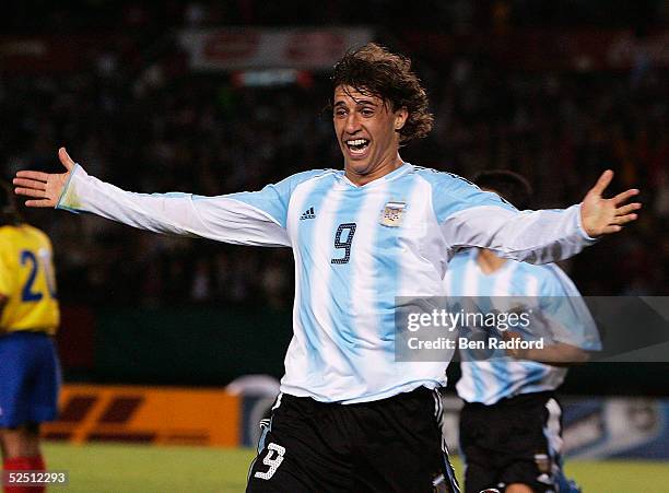 Hernan Crespo of Argentina celebrates his goal during the 2006 World Cup qualifying match between Argentina and Colombia at The River Plate Stadium...