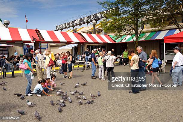 Children feeding pigeons at Vancouver's Granville Island market. The market is a destination for tourists, and local vancouverites, who come for the...