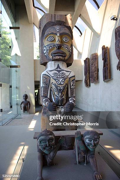 Totem pole wood carving on display at the the University of British Columbia's museum of Anthropology, designed by architect Arthur Erickson. The...