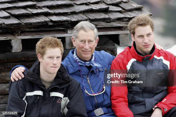 Prince Charles, Prince William and Prince Harry pose for photographs during the Royal Family's ski break in the region at Klosters on March 31, 2005...