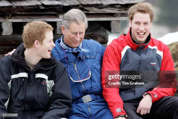 Prince Charles, Prince William and Prince Harry pose for photographs during the Royal Family's ski break in the region at Klosters on March 31, 2005...