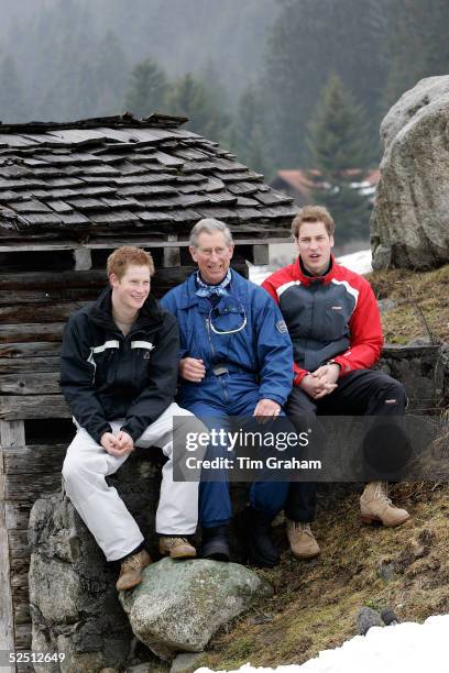 Prince Charles, Prince William and Prince Harry pose for photographs during the Royal Family's ski break in the region at Klosters on March 31, 2005...