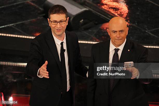 Fabio Fazio and Maurizio Crozza in Sanremo during first day of the Sanremo Italian Music Festival, on February 13, 2013. Photo: Manuel Romano/NurPhoto