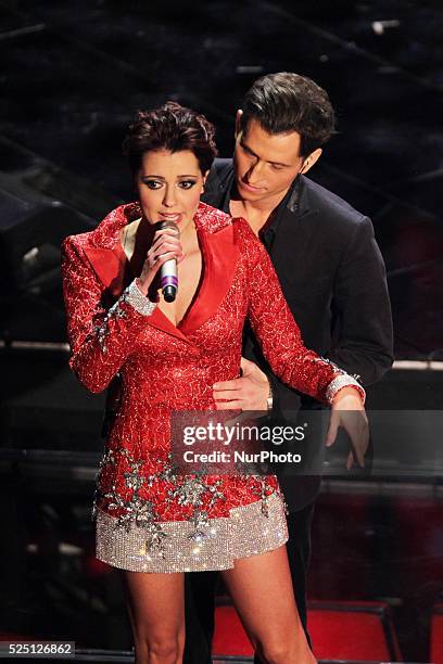 Simona Molinari and Peter Cincotti in Sanremo during first day of the Sanremo Italian Music Festival, on February 13, 2013. Photo: Manuel...