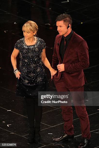 Felix Baumgarner and Luciana Littizzetto in Sanremo during first day of the Sanremo Italian Music Festival, on February 13, 2013. Photo: Manuel...