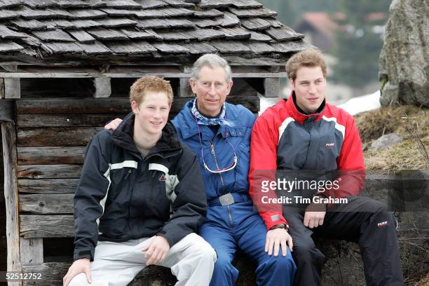 Prince Charles, Prince William and Prince Harry pose for photographs during the Royal Family's ski break in the region at Klosters on March 31, 2005...