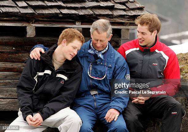 Prince Charles poses with his sons Prince William and Prince Harry during the Royal Family's ski break at Klosters on March 31, 2005 in Switzerland....