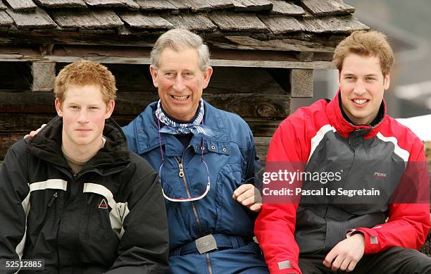 Prince Charles poses with his sons Prince William and Prince Harry during the Royal Family's ski break at Klosters on March 31, 2005 in Switzerland....