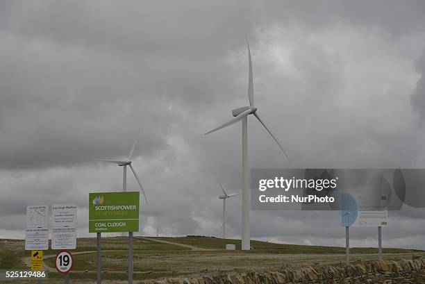 Turbine at the Coal Clough wind farm, on Sunday 21st June 2015, generating electricity for the United Kingdom's energy supply network known as the...