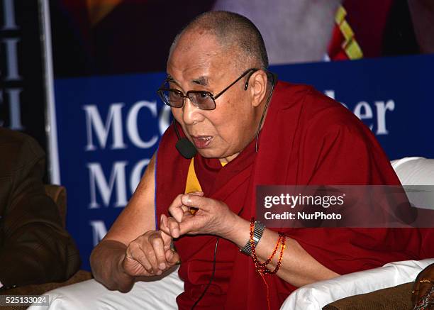 Tibetan spiritual leader the Dalai Lama deliver his speech in a seminar on January 13, 2015 in Kolkata, India.