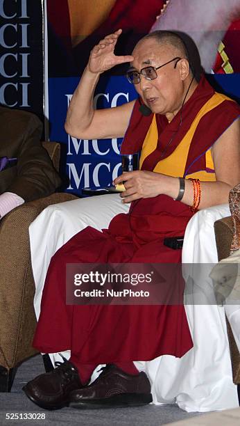 Tibetan spiritual leader the Dalai Lama deliver his speech in a seminar on January 13, 2015 in Kolkata, India.