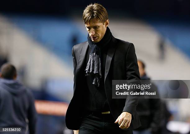 Facundo Sava coach of Racing Club walks off the field after a first leg match between Racing Club and Atletico Mineiro as part of round of 16 Copa...